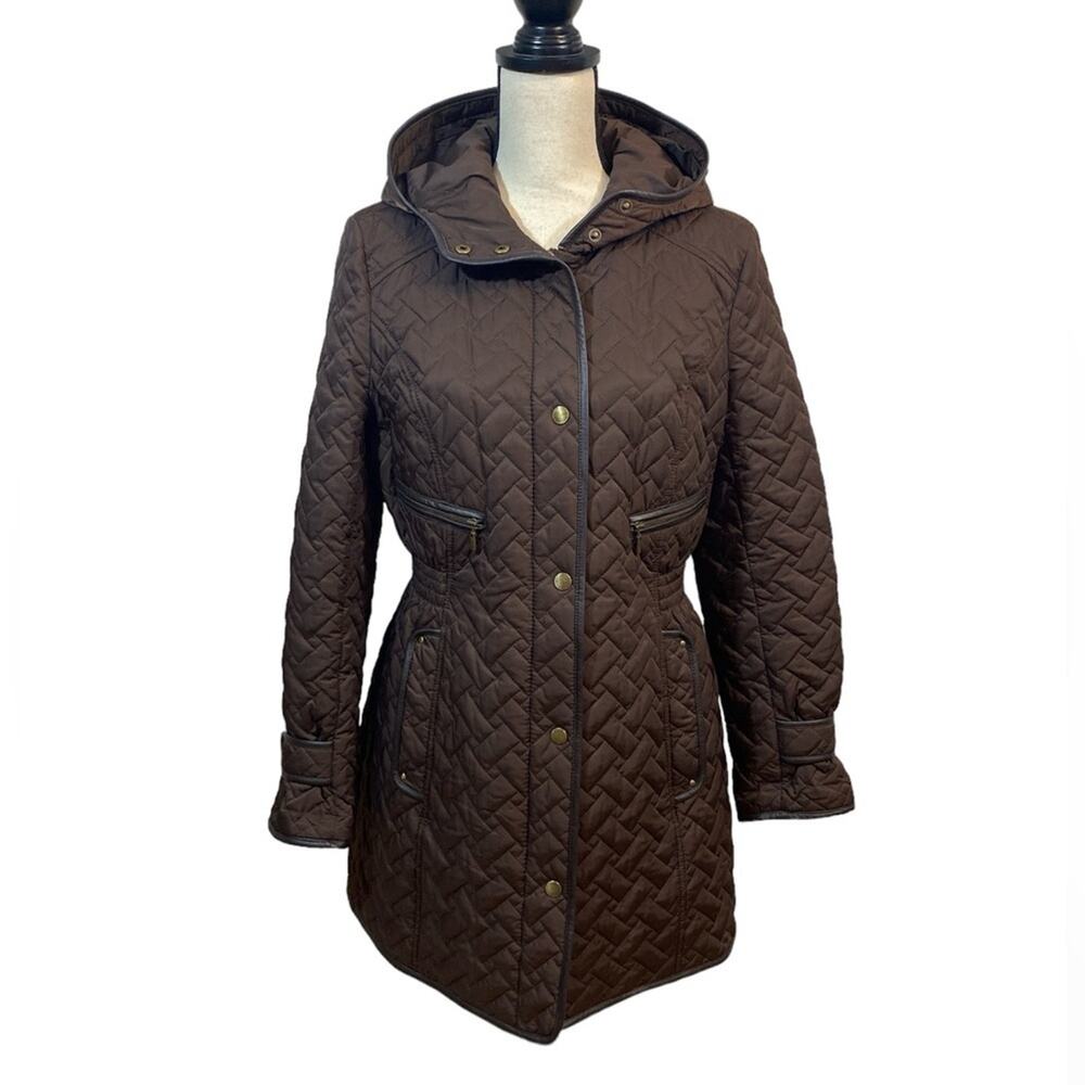 Cole Haan Chocolate Brown Quilted Coat with Lambskin Leather Trim Size Medium